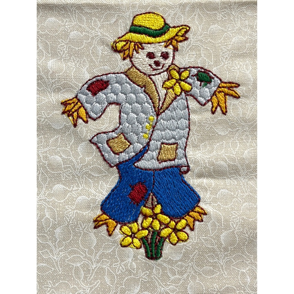 Vintage Scarecrow Embroidered Wall Art Fall Harvest Decor Green Frame